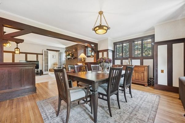 Dining room, Interior, Pendant Lights, Wooden Beams, Wood Texture Flooring