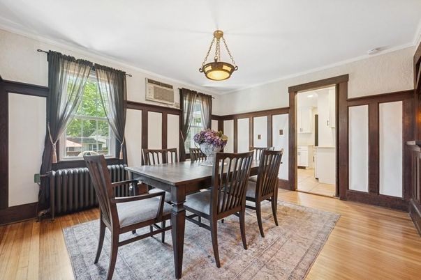Dining room, Interior, Pendant Lights, Wood Texture Flooring