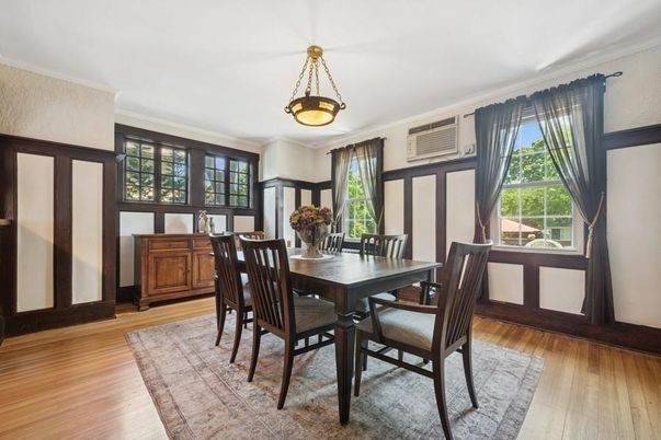 Dining room, Interior, Pendant Lights, Wood Texture Flooring