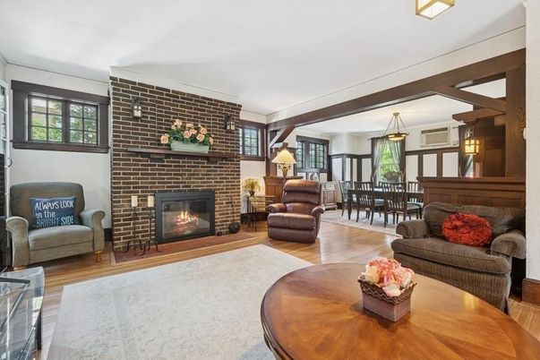 Dining room, Fireplace, Interior, Living room, Pendant Lights, Stone Walls, Wooden Beams, Wood Texture Flooring