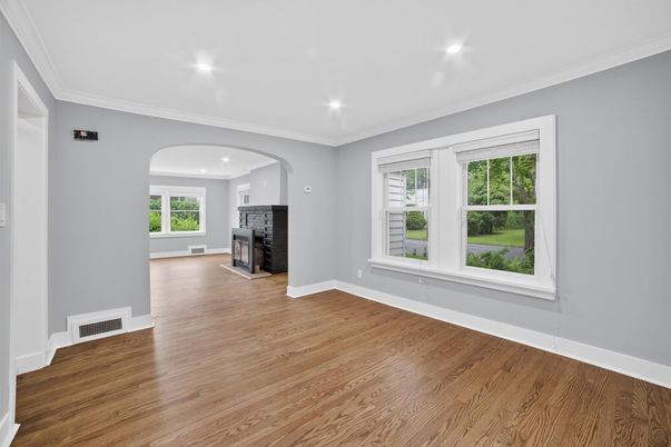 Empty room, Fireplace, Interior, Recessed Lighting, Wood Texture Flooring