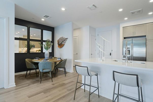 Dining room, Interior, Kitchen, Recessed Lighting, Stainless Steel Appliances, Wood Texture Flooring