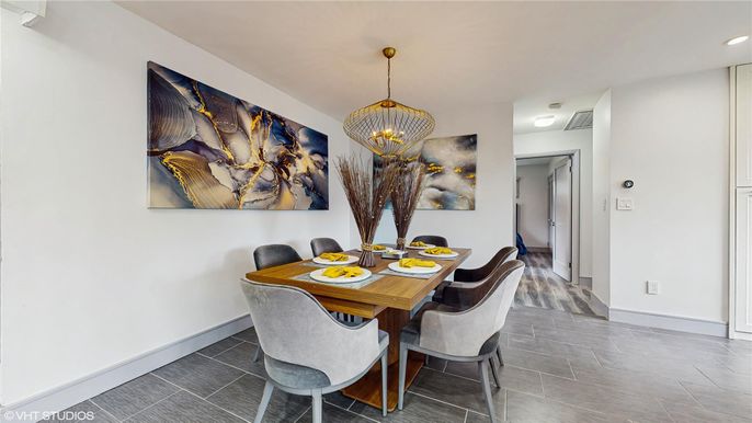 Dining room, Interior, Pendant Lights, Recessed Lighting, Wood Texture Flooring