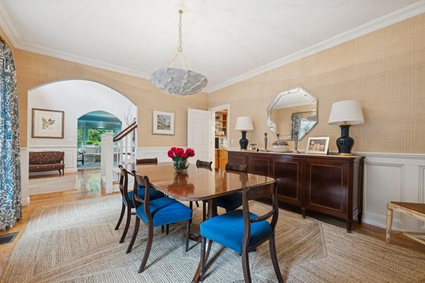 Dining room, Interior, Pendant Lights, Wood Texture Flooring