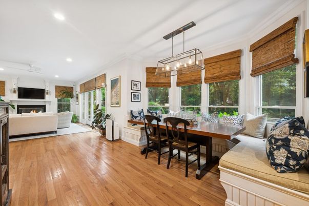 Dining room, Fireplace, Interior, Living room, Pendant Lights, Recessed Lighting, Wood Texture Flooring