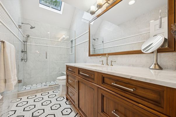 Bathroom, Glass Shower, Interior, Marble Walls, Recessed Lighting