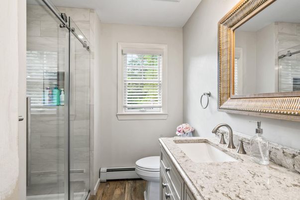 Bathroom, Glass Shower, Interior, Wood Texture Flooring