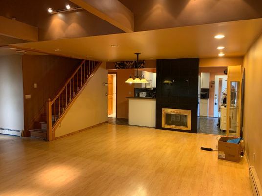 Interior, Kitchen, Pendant Lights, Recessed Lighting, Wood Texture Flooring