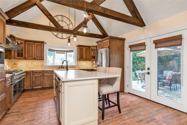 Interior, Kitchen, Pendant Lights, Stainless Steel Appliances, Wooden Beams