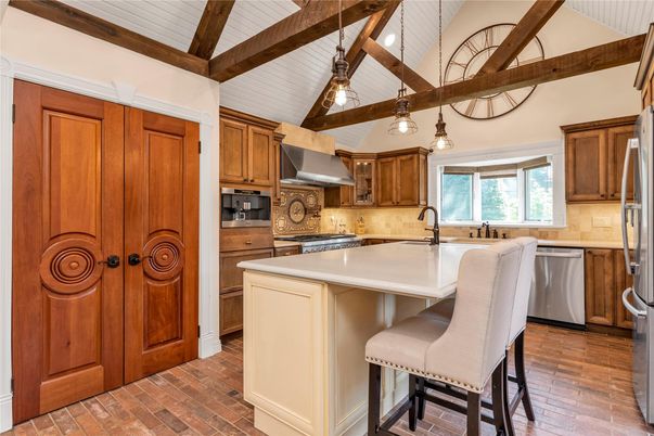 Interior, Kitchen, Pendant Lights, Stainless Steel Appliances, Wooden Beams, Wood Texture Flooring
