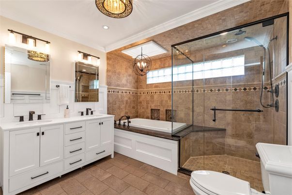 Bathroom, Dual Sink Vanities, Glass Shower, Interior, Pendant Lights, Recessed Lighting