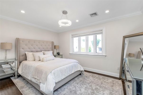 Bedroom, Interior, Pendant Lights, Recessed Lighting, Wood Texture Flooring