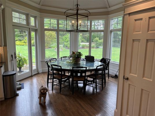Dining room, Interior, Pendant Lights, Sun Room, Wood Texture Flooring
