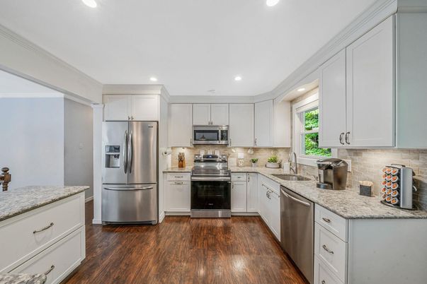 Interior, Kitchen, Recessed Lighting, Stainless Steel Appliances, Wood Texture Flooring