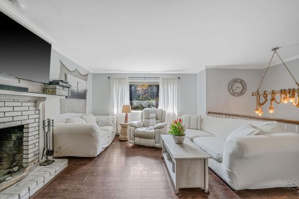 Fireplace, Interior, Living room, Pendant Lights, Wood Texture Flooring