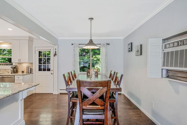 Dining room, Interior, Pendant Lights, Recessed Lighting, Wood Texture Flooring