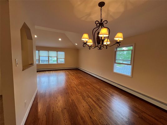 Chandelier, Empty room, Interior, Recessed Lighting, Wood Texture Flooring
