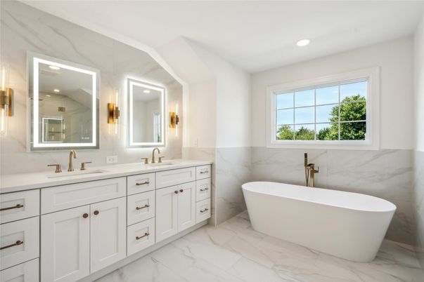 Bathroom, Dual Sink Vanities, Free Standing Baths, Interior, Marble, Marble Walls, Recessed Lighting