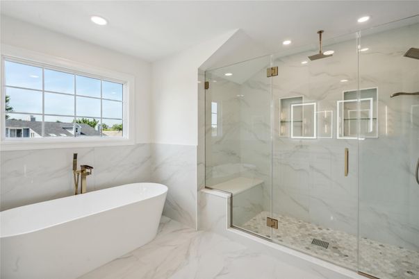 Bathroom, Free Standing Baths, Glass Shower, Interior, Marble, Marble Walls, Recessed Lighting