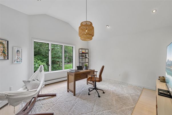Home Office, Interior, Pendant Lights, Recessed Lighting, Wood Texture Flooring