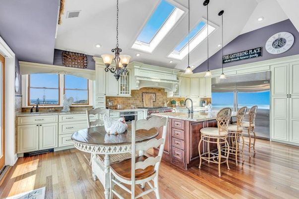 Dining room, Interior, Kitchen, Pendant Lights, Recessed Lighting, Water, Wood Texture Flooring