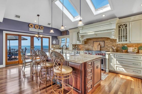 Dining room, Glass Ceilings, Interior, Kitchen, Pendant Lights, Recessed Lighting, Stone Walls, Water, Wood Texture Flooring
