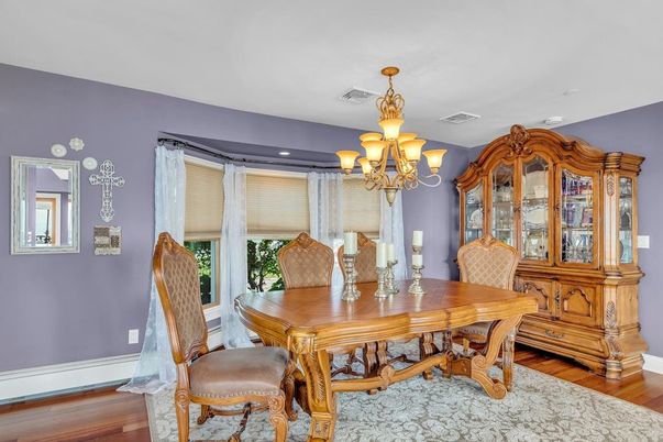 Chandelier, Dining room, Interior, Recessed Lighting, Wood Texture Flooring