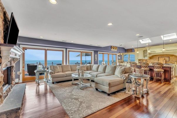 Fireplace, Interior, Living room, Pendant Lights, Recessed Lighting, Water, Wood Texture Flooring