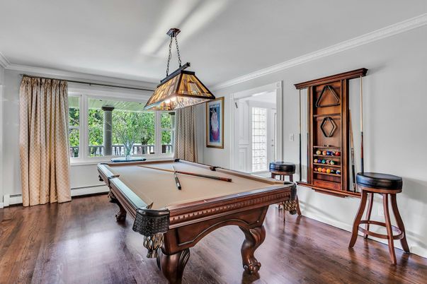 Billiard Table, Game Room, Interior, Pendant Lights, Wood Texture Flooring