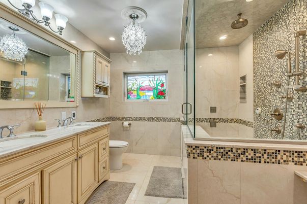 Bathroom, Chandelier, Dual Sink Vanities, Glass Shower, Interior, Recessed Lighting