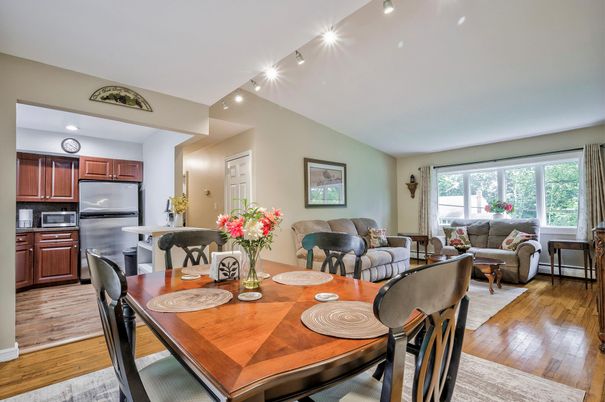Dining room, Interior, Kitchen, Living room, Recessed Lighting, Stainless Steel Appliances, Wood Texture Flooring