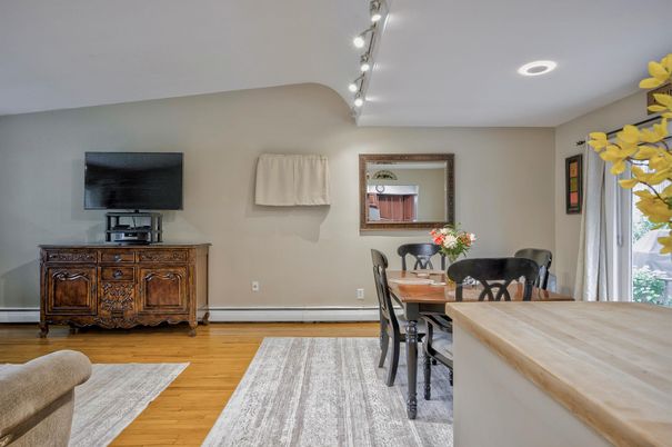 Dining room, Interior, Recessed Lighting, Wood Texture Flooring