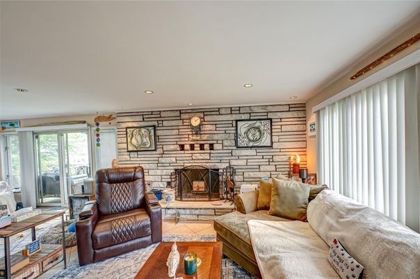 Fireplace, Interior, Living room, Recessed Lighting, Stone Walls
