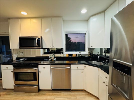 Interior, Kitchen, Recessed Lighting, Stainless Steel Appliances, Wood Texture Flooring