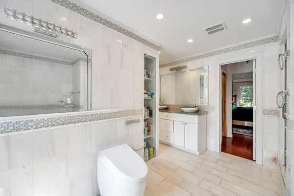 Bathroom, Glass Shower, Interior, Recessed Lighting, Wood Texture Flooring