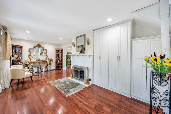Fireplace, Interior, Recessed Lighting, Wood Texture Flooring