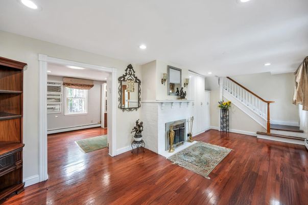 Fireplace, Interior, Recessed Lighting, Wood Texture Flooring