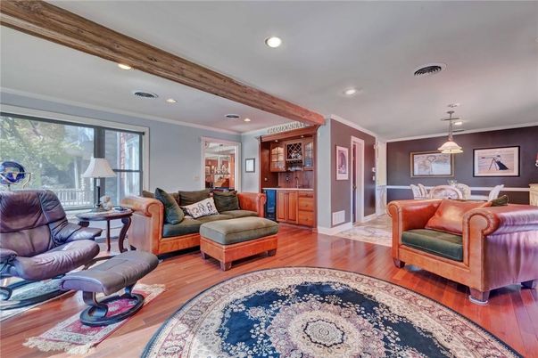Dining room, Interior, Living room, Pendant Lights, Recessed Lighting, Wood Texture Flooring