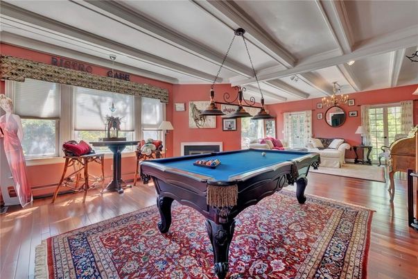 Billiard Table, Chandelier, Game Room, Interior, Pendant Lights, Wood Texture Flooring