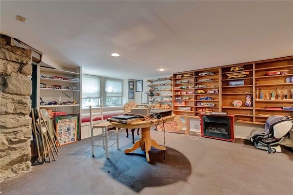 Home Office, Interior, Piano, Recessed Lighting, Stone Walls