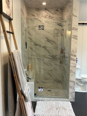 Bathroom, Glass Shower, Interior, Marble Walls, Recessed Lighting