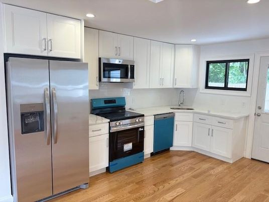 Interior, Kitchen, Recessed Lighting, Stainless Steel Appliances, Wood Texture Flooring