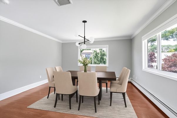 Dining room, Interior, Pendant Lights, Wood Texture Flooring