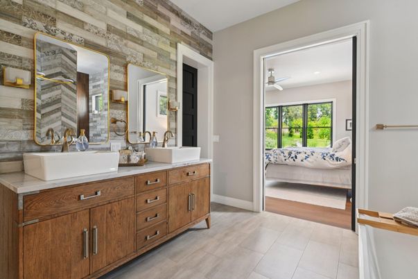 Bathroom, Dual Sink Vanities, Interior, Recessed Lighting, Wood Texture Flooring