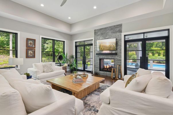 Fireplace, Interior, Living room, Recessed Lighting, Stone Walls, Wood Texture Flooring
