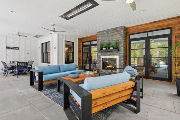 Dining room, Fireplace, Interior, Living room, Recessed Lighting, Stone Walls