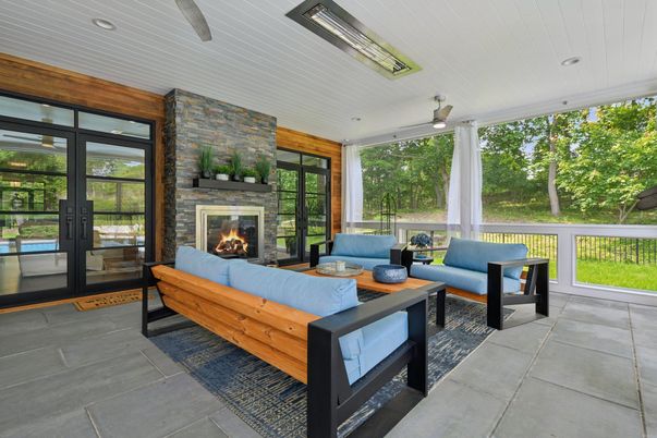 Fireplace, Interior, Living room, Recessed Lighting, Stone Walls