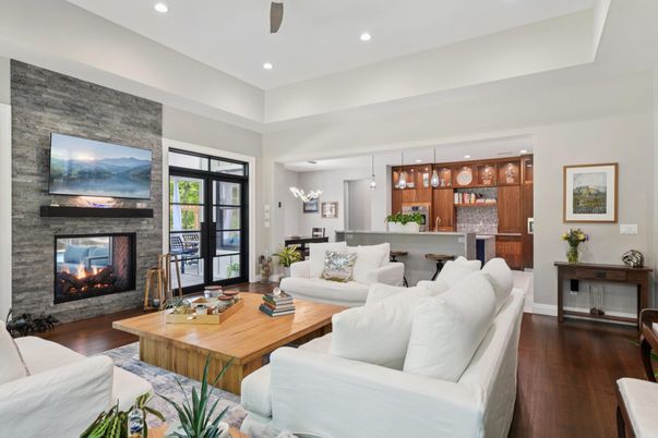 Fireplace, Interior, Kitchen, Living room, Pendant Lights, Recessed Lighting, Stone Walls, Wood Texture Flooring