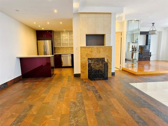 Fireplace, Interior, Kitchen, Pendant Lights, Recessed Lighting, Stainless Steel Appliances