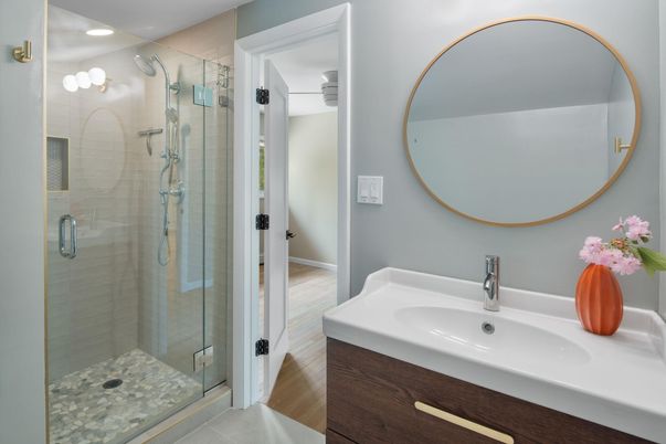 Bathroom, Glass Shower, Interior, Recessed Lighting, Wood Texture Flooring